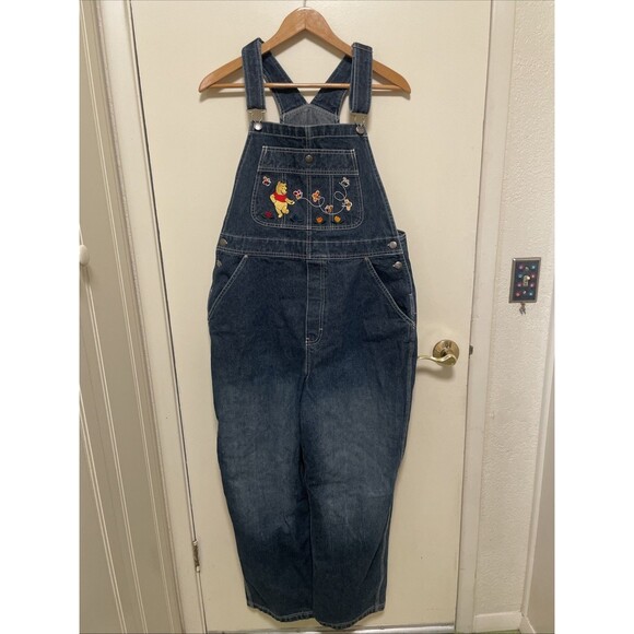 Vtg Winnie The Pooh Denim Overalls Bibs Women Size Large Disney Embroidered 90s - Picture 2 of 11